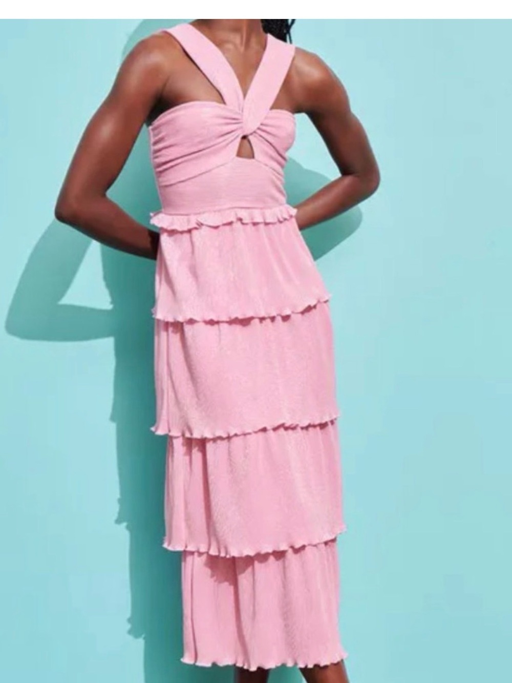 SAYLOR Pink Tiered Midi Dress with Twist Front